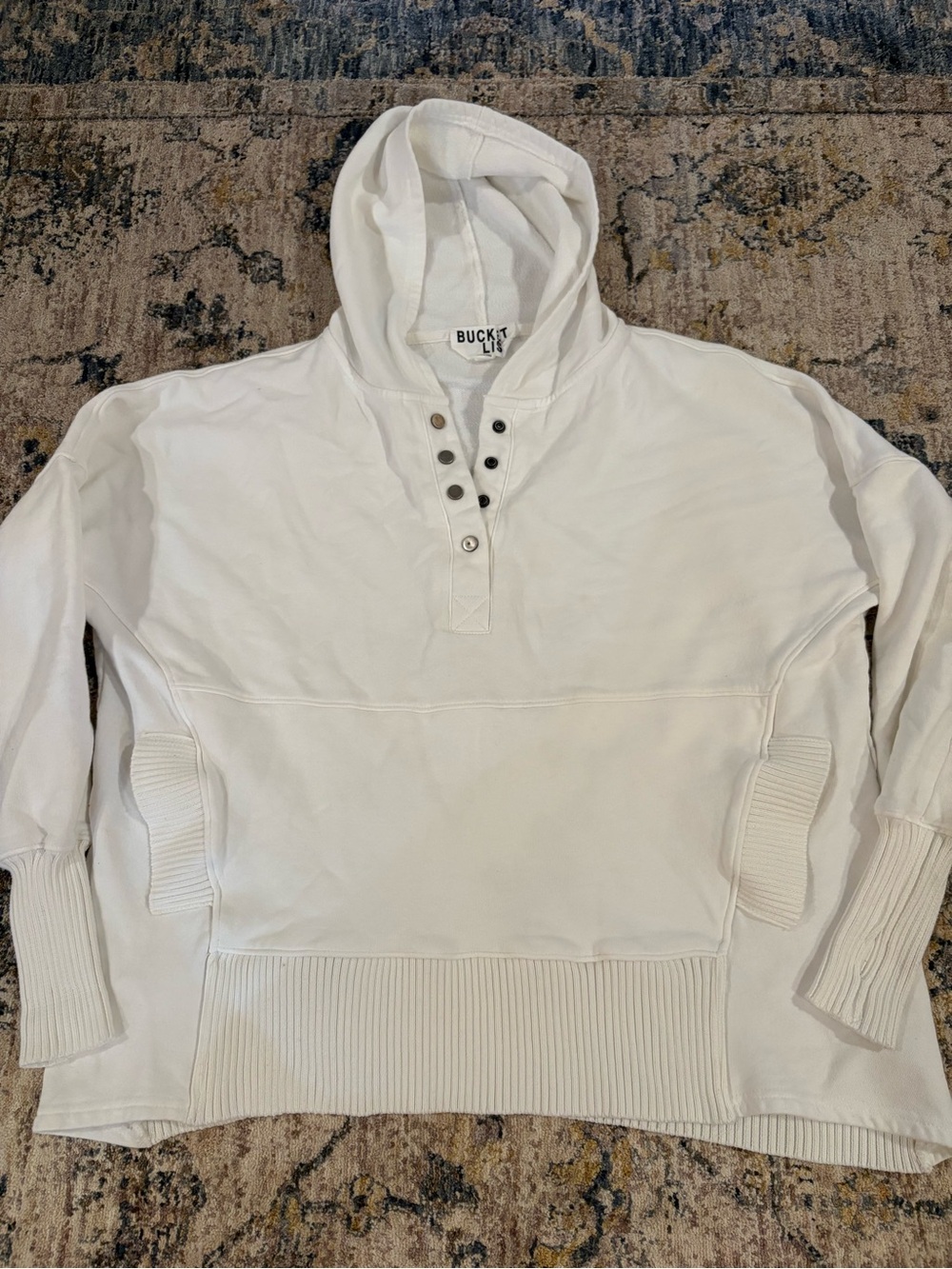 Free People Dupe Bucket List Button Henley Boxy Hoodie Pullover White Size Small